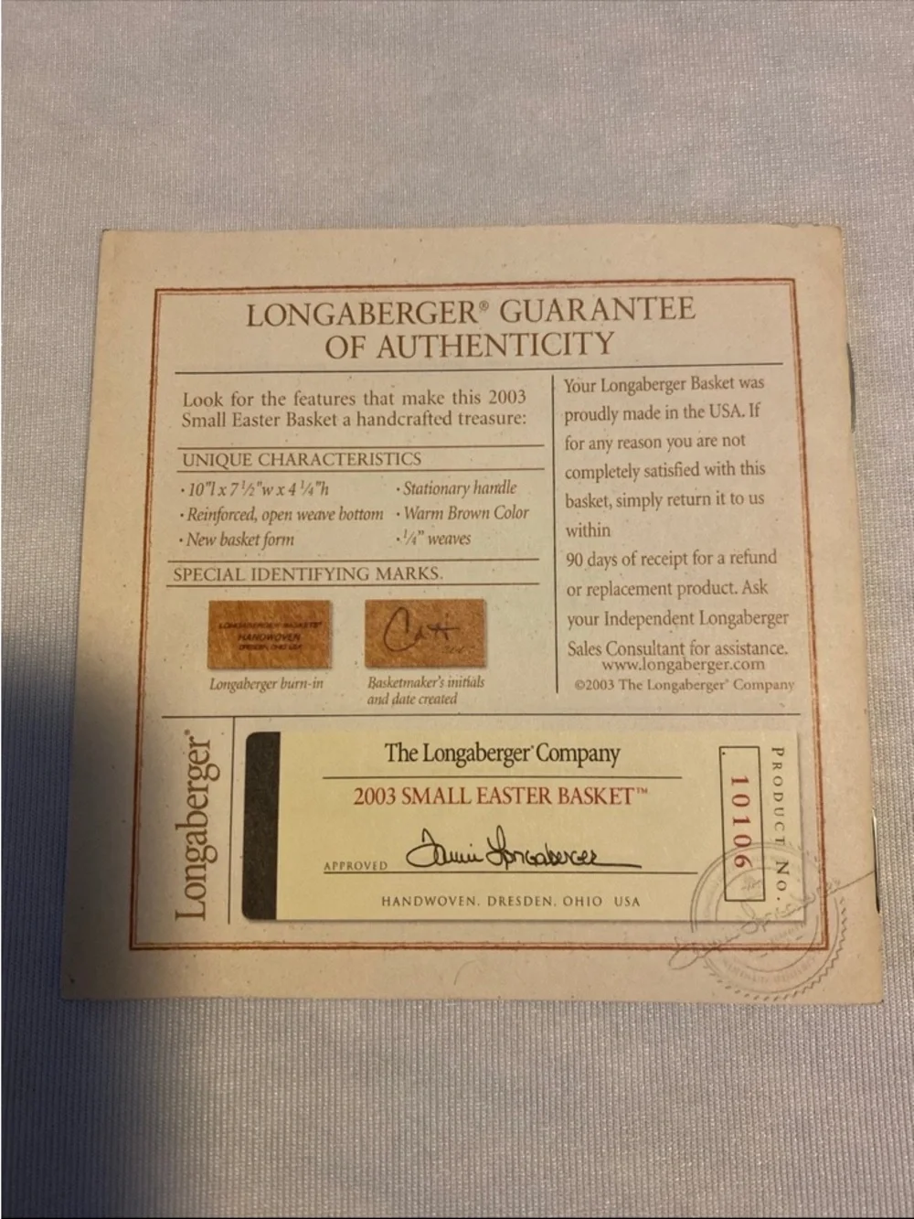 Longaberger Brown and Cream Certificate of Authenticity